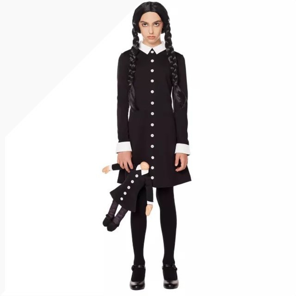 NWT Spirit Halloween Wednesday Addams Costume Dress and Wig Kids Medium 8-10 new